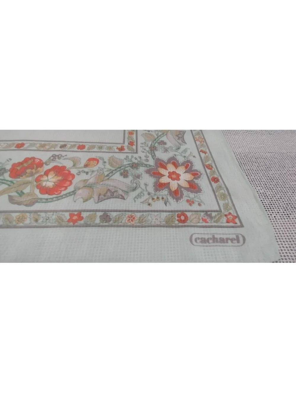 Vintage Cacharel Silk Rayon Scarf Bohemian Style Border Floral Mint Green Gray